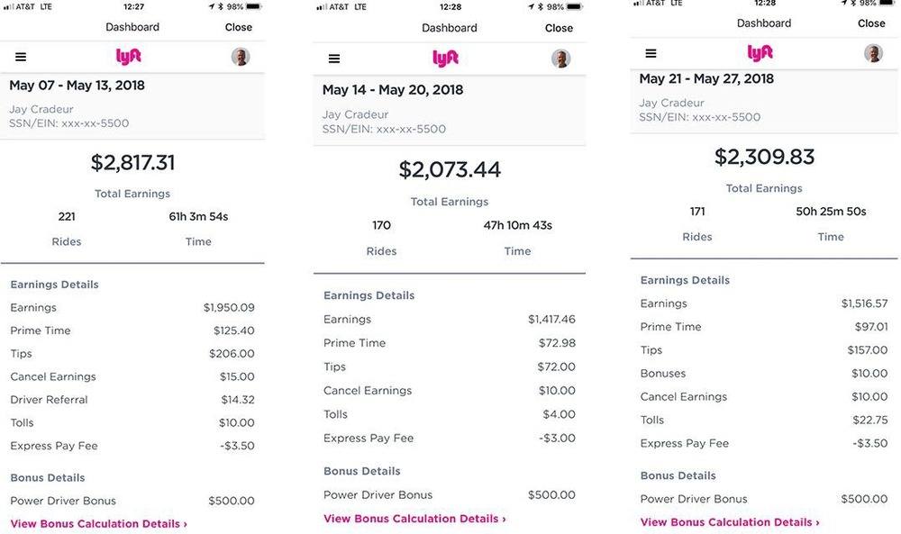 Jay Cradeur lyft driver income earnings example